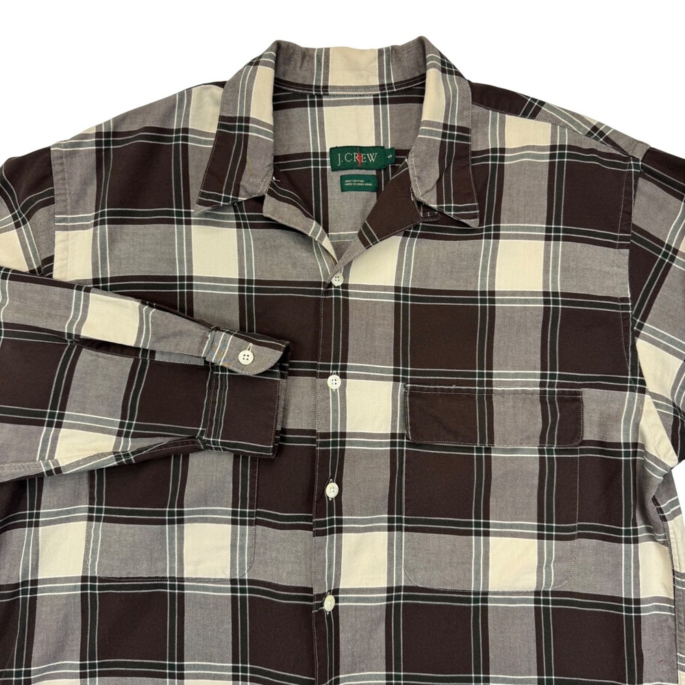 J. Crew Mens Small Brown Plaid Camp Collar Cotton Button Down Shirt Vintage